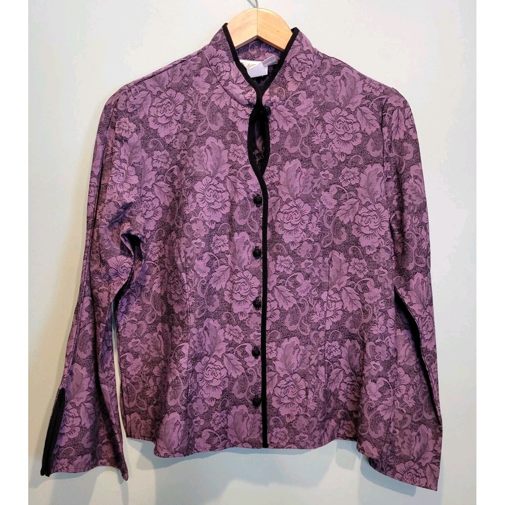 Vtg DressBarn Purple Black Floral Asian Mandarin Collar Button Up Top Sz M